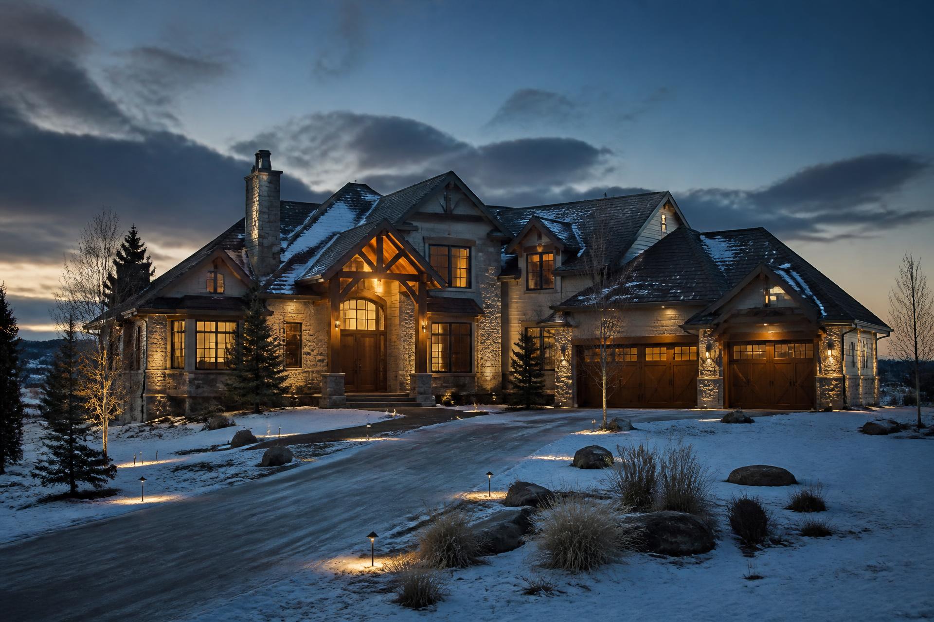 Luxury prairie home at dusk with a newly installed architectural shingle roof
